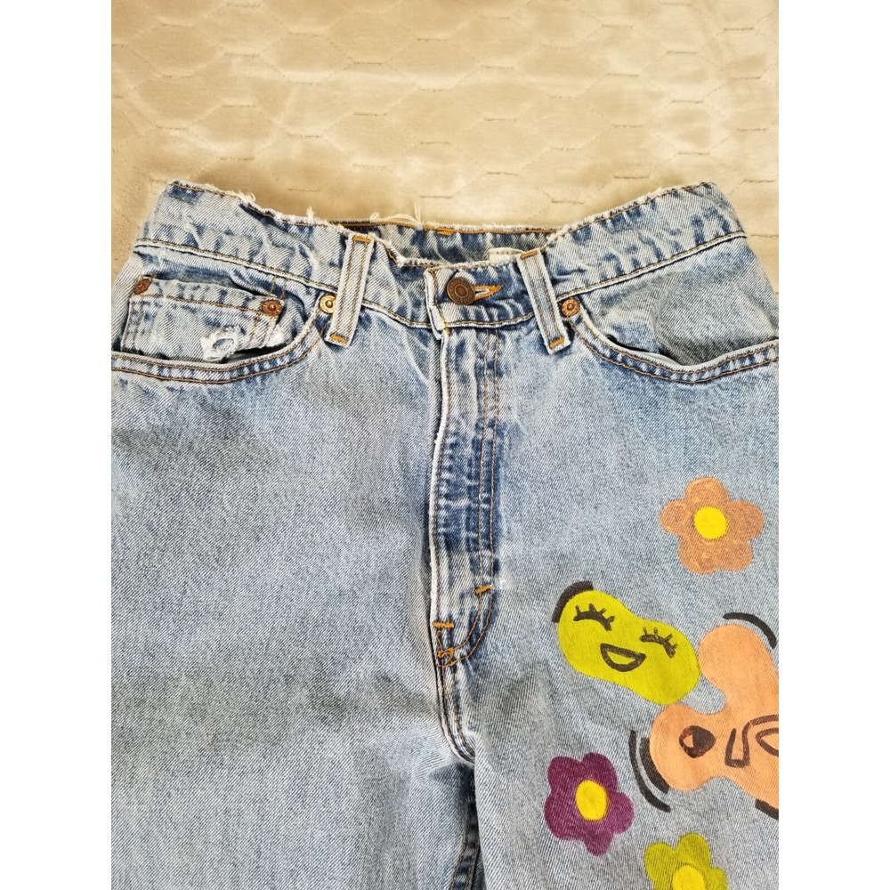 VTG Levis 512 High Rise Slim Tapered Jeans 26x32 USA Custom Painted Floral Faces - Picture 6 of 16